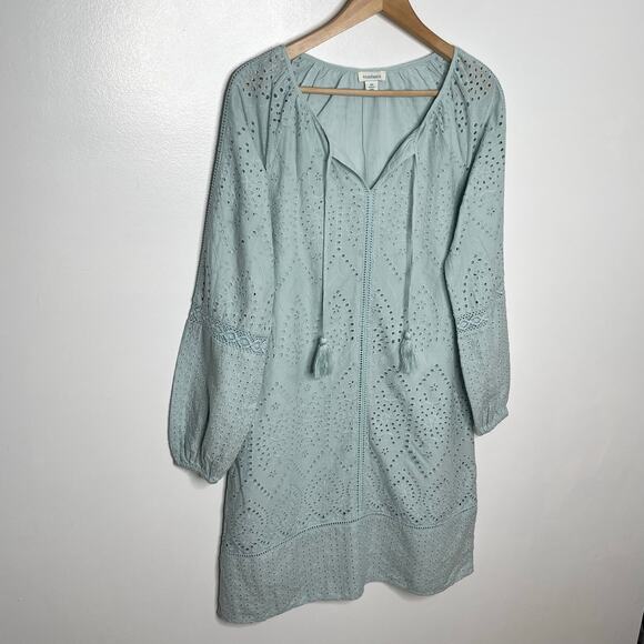 Sundance Womens Coastland Dress XS Aqua Eyelet Boho Cotton Peasant Tasseled - Picture 3 of 9